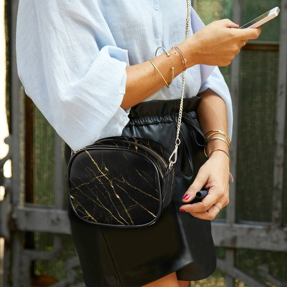 ALAZA PU Leather Small Crossbody Bag Purse Wallet Black Marble Gold Texture Cell Phone Bags with Adjustable Chain Strap & Multi Pocket