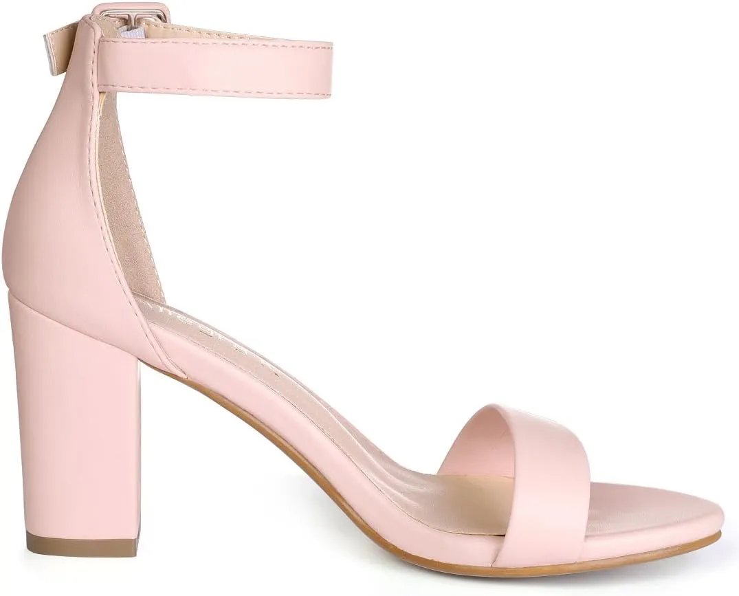 Allegra K Women's Solid Open Toe Buckle Block Heel Ankle Strap Sandals