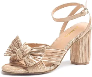 Amoji Women's Satin Block Heeled 3 Inch-4 Inch Sandal Bowknot Pleated Ankle Strap for Wedding Party Dress Shoes 302