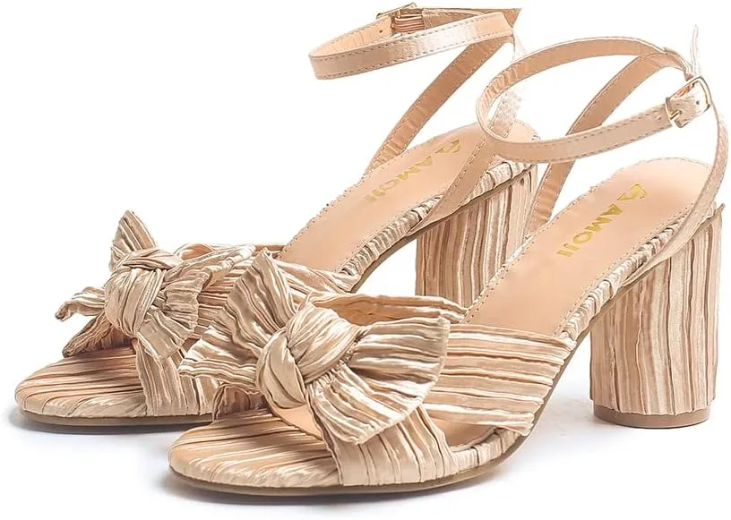 Amoji Women's Satin Block Heeled 3 Inch-4 Inch Sandal Bowknot Pleated Ankle Strap for Wedding Party Dress Shoes 302