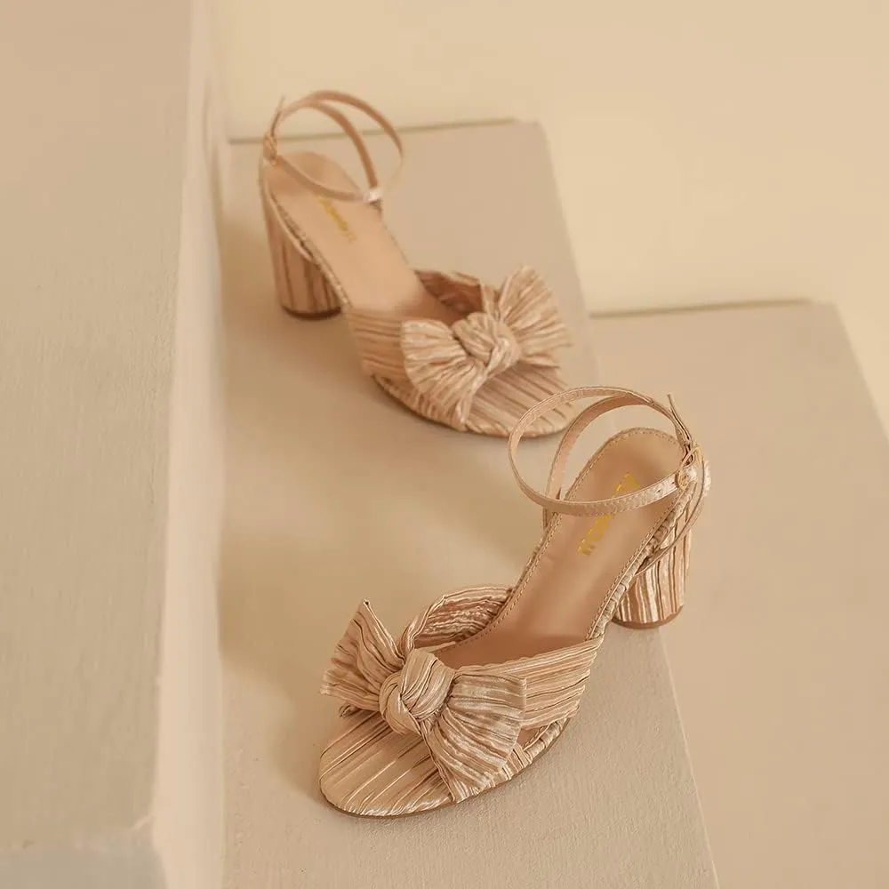 Amoji Women's Satin Block Heeled 3 Inch-4 Inch Sandal Bowknot Pleated Ankle Strap for Wedding Party Dress Shoes 302