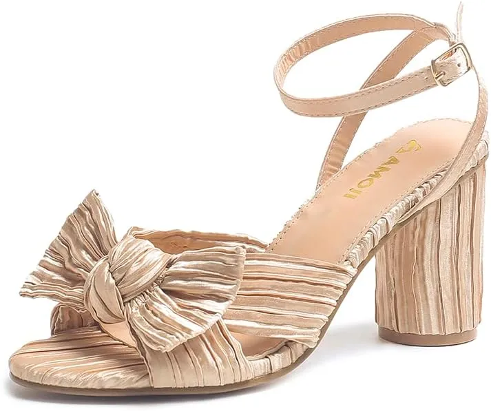 Amoji Women's Satin Block Heeled 3 Inch-4 Inch Sandal Bowknot Pleated Ankle Strap for Wedding Party Dress Shoes 302