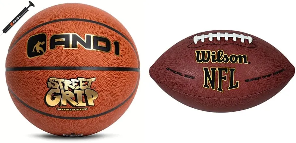 AND1 Street Grip Premium Composite Leather Basketball & Pump- Official Size 7 (29.5”) Streetball, Made for Indoor and Outdoor Basketball Games (Orange) & WILSON NFL Super Grip Official Football