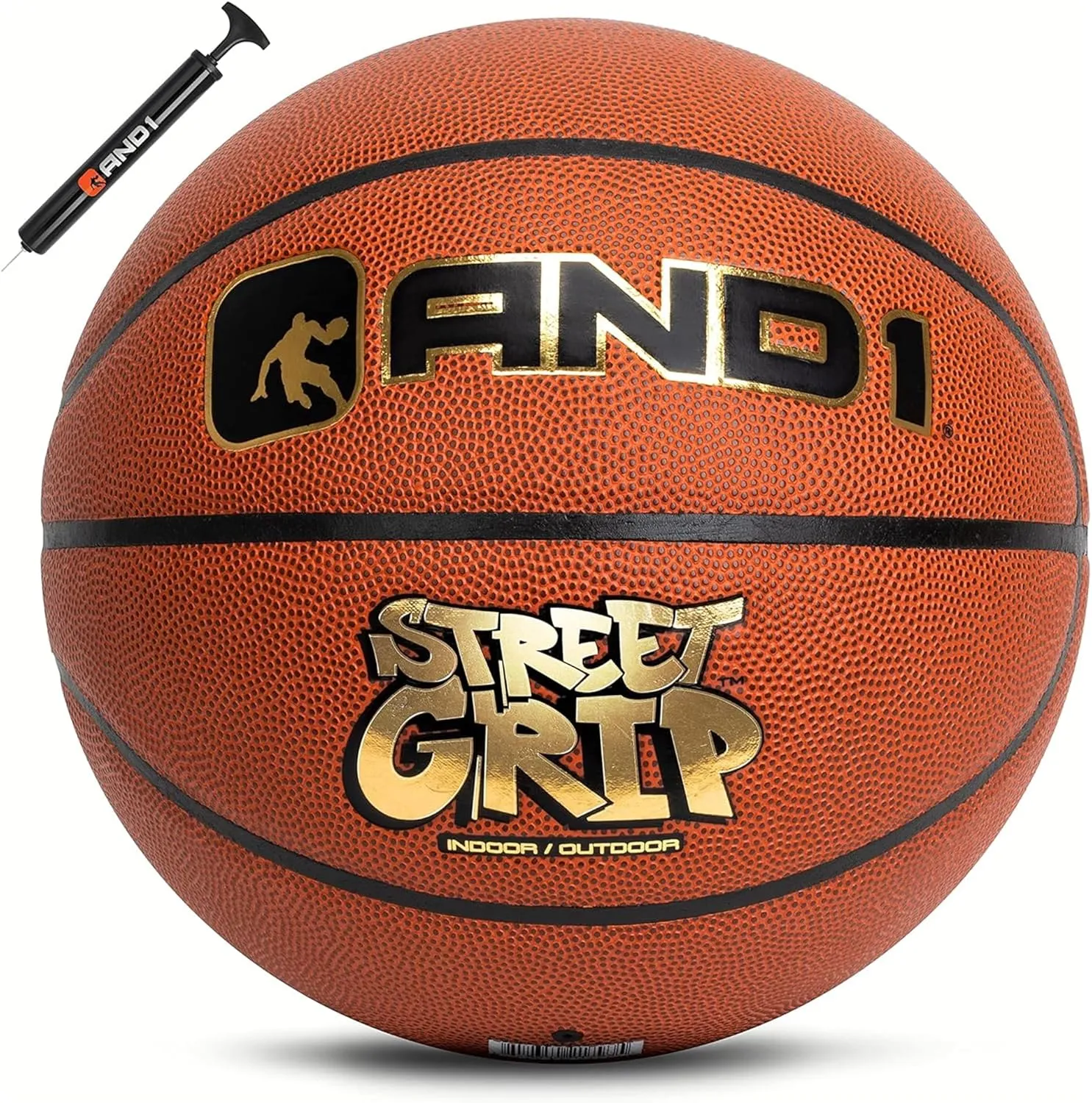AND1 Street Grip Premium Composite Leather Basketball & Pump- Official Size 7 (29.5”) Streetball, Made for Indoor and Outdoor Basketball Games (Orange)