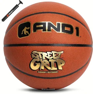 AND1 Street Grip Premium Composite Leather Basketball & Pump- Official Size 7 (29.5”) Streetball, Made for Indoor and Outdoor Basketball Games (Orange)