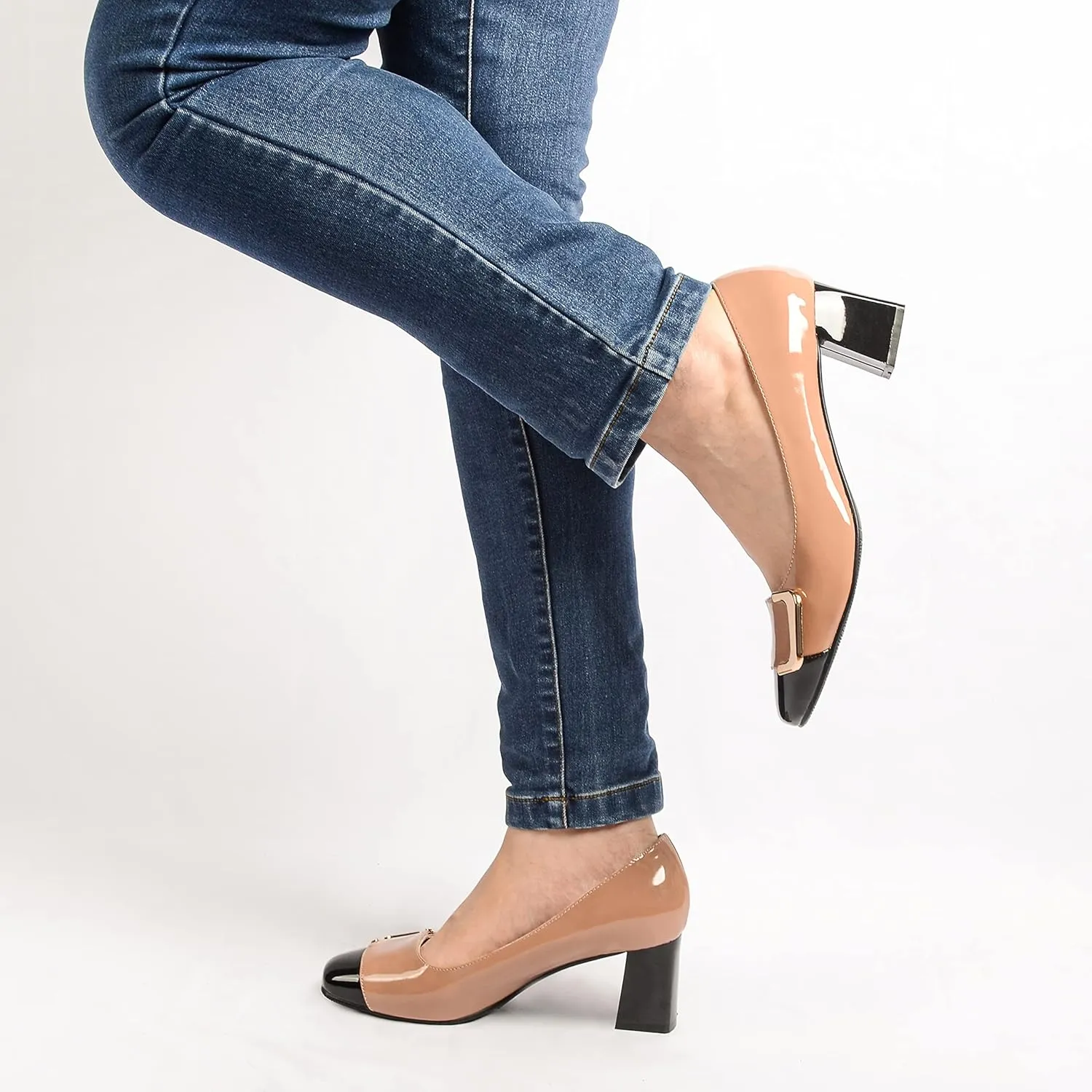 ANN CREEK Women's Pumps 'Angela' Shoes for Women Dressy Low Heel Rush Hour Office Shoes Two Tone Womens Pumps Square Toe 2.4 Inch Chunky Heel Slip On