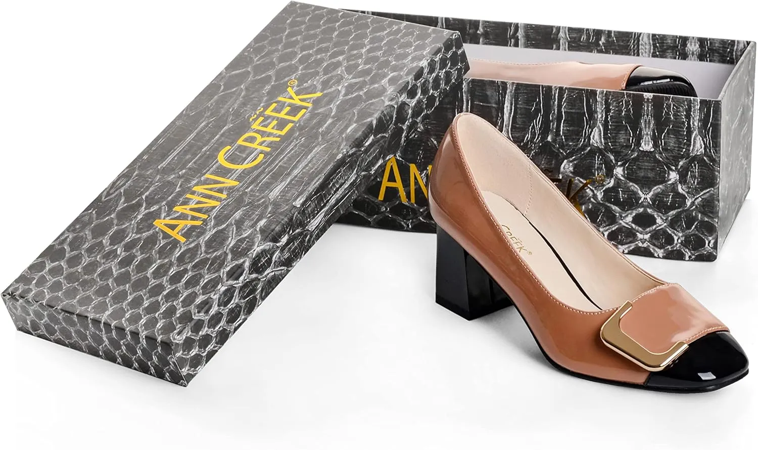 ANN CREEK Women's Pumps 'Angela' Shoes for Women Dressy Low Heel Rush Hour Office Shoes Two Tone Womens Pumps Square Toe 2.4 Inch Chunky Heel Slip On