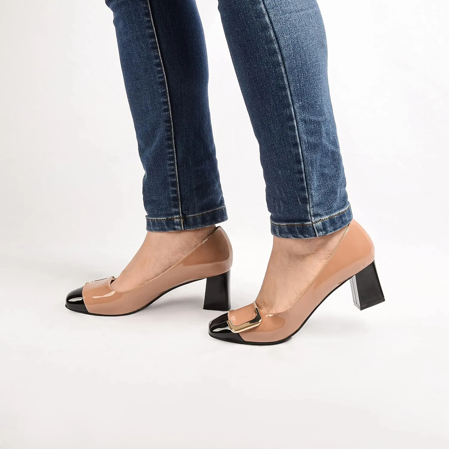 ANN CREEK Women's Pumps 'Angela' Shoes for Women Dressy Low Heel Rush Hour Office Shoes Two Tone Womens Pumps Square Toe 2.4 Inch Chunky Heel Slip On
