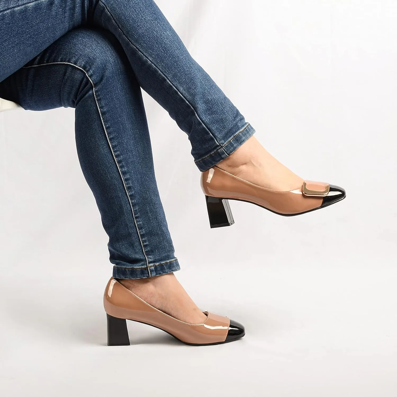 ANN CREEK Women's Pumps 'Angela' Shoes for Women Dressy Low Heel Rush Hour Office Shoes Two Tone Womens Pumps Square Toe 2.4 Inch Chunky Heel Slip On