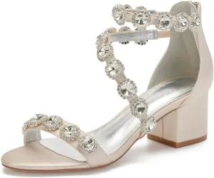 Anna's Bridal White Block Heels Sandals for Women Wide Width Crystal Wedding Shoes for Bride Low Heel Comfortable Pump for Prom Party