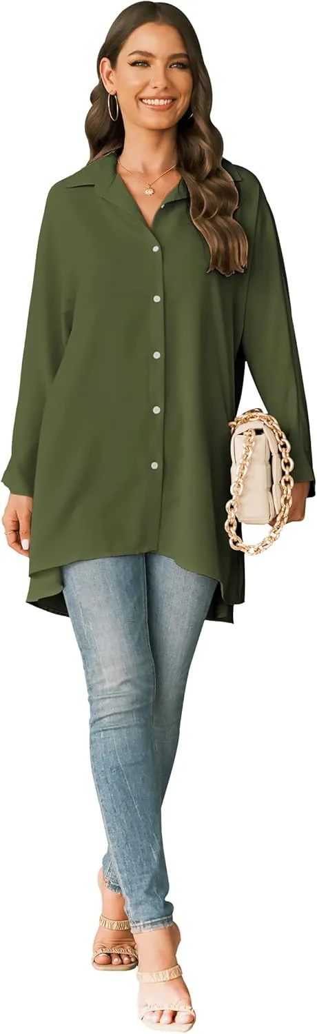 Aoysky Womens Oversized T Shirts Button Down Long Sleeve Shirt V Neck Collar Loose Flowy Blouse