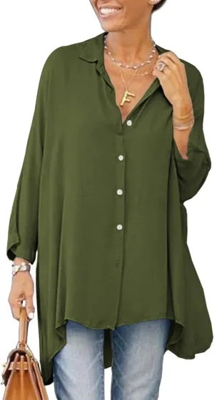 Aoysky Womens Oversized T Shirts Button Down Long Sleeve Shirt V Neck Collar Loose Flowy Blouse