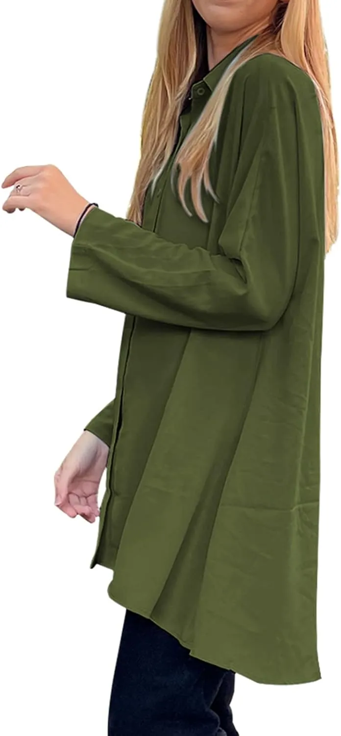 Aoysky Womens Oversized T Shirts Button Down Long Sleeve Shirt V Neck Collar Loose Flowy Blouse