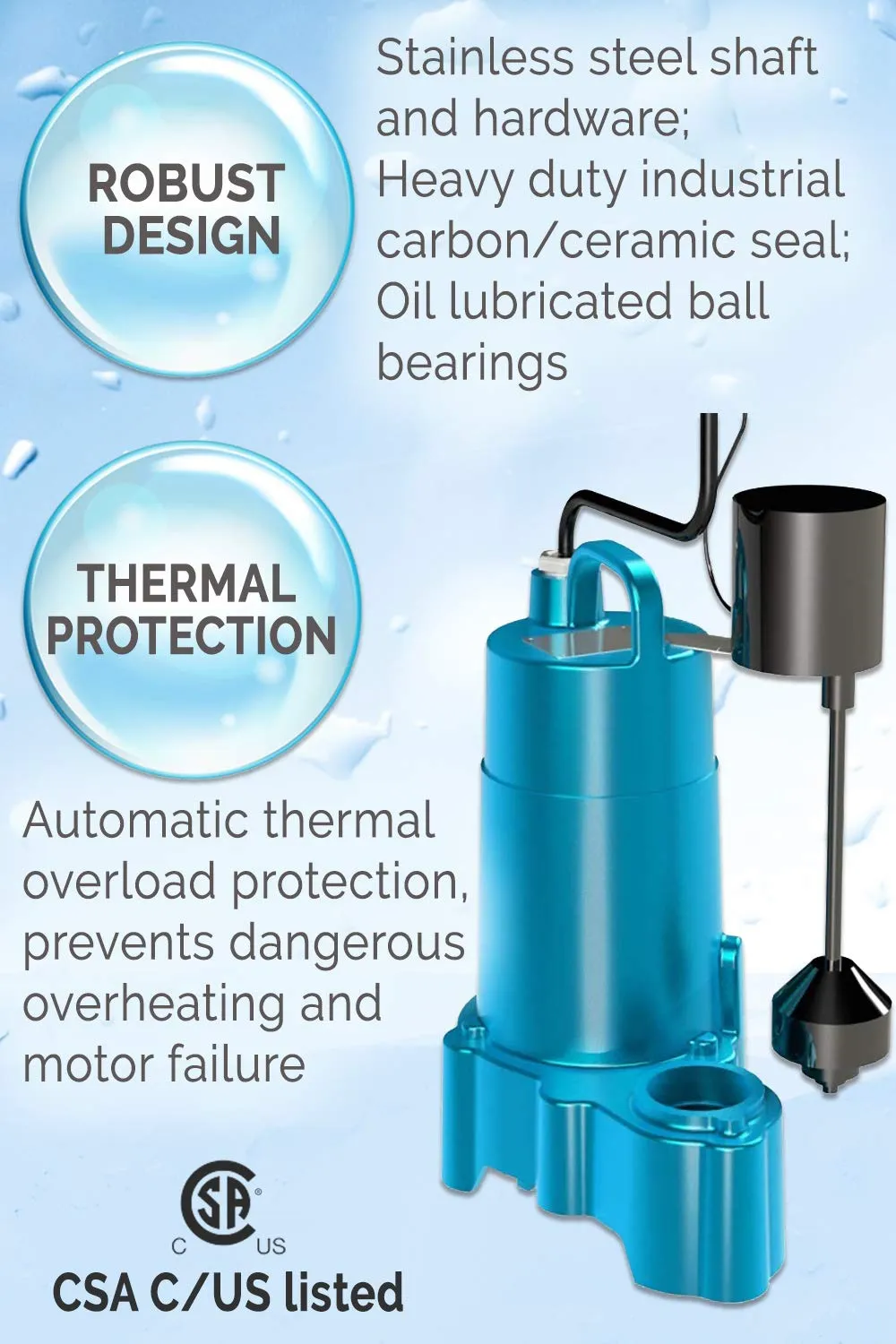Barnes Model 112552 Model SP33VFX Submersible Sump Pump - High-Efficiency for Residential Use, Cast Iron Vortex Impeller, 1/3 HP, 3000 GPH, Piggy Back Mechanical Float Switch, 20' Cord, 9"x9"