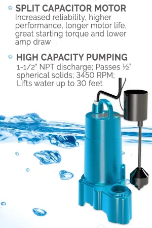 Barnes Model 112552 Model SP33VFX Submersible Sump Pump - High-Efficiency for Residential Use, Cast Iron Vortex Impeller, 1/3 HP, 3000 GPH, Piggy Back Mechanical Float Switch, 20' Cord, 9"x9"