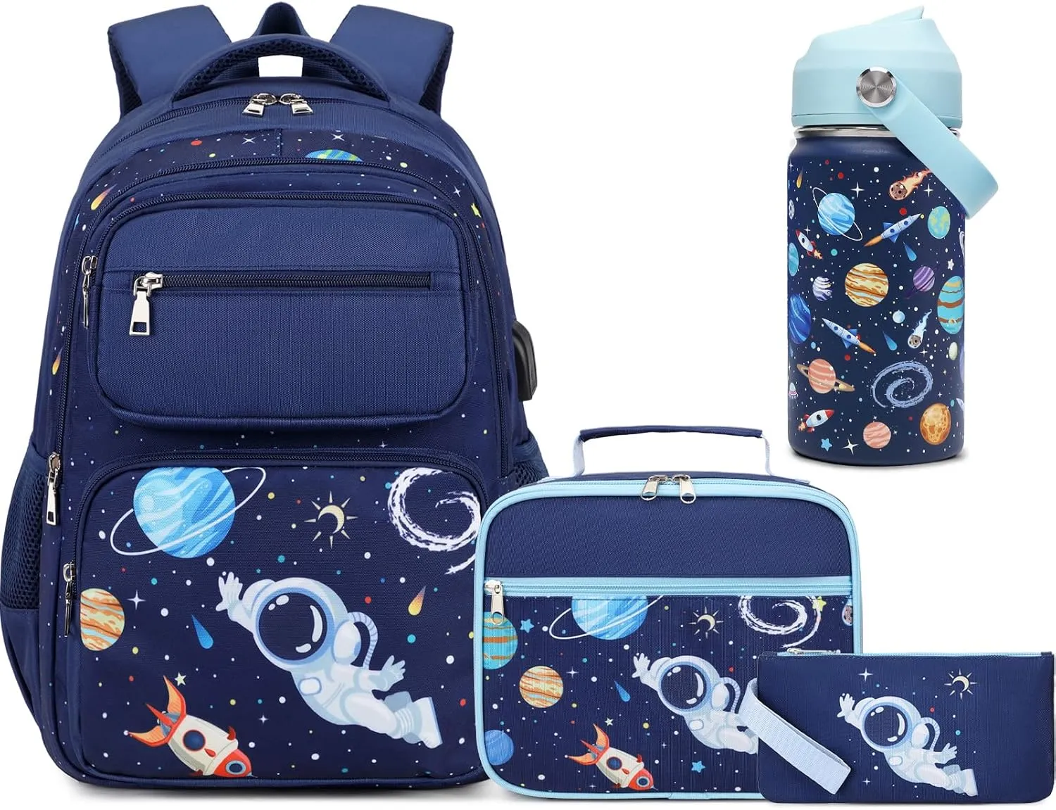 Bevalsa Kids Backpack for Boys with 14oz Insulated Bottle, Astronaut School Bags for Kids & BPA-FREE Stainless Steel Metal Bottle with Straw Lid for Elementary School Student