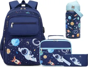 Bevalsa Kids Backpack for Boys with 14oz Insulated Bottle, Astronaut School Bags for Kids & BPA-FREE Stainless Steel Metal Bottle with Straw Lid for Elementary School Student