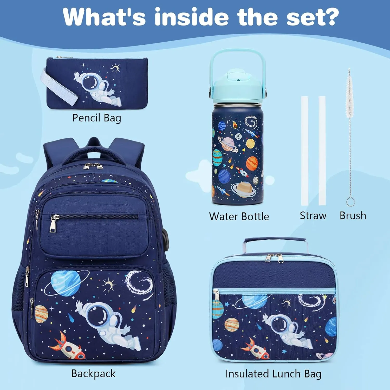 Bevalsa Kids Backpack for Boys with 14oz Insulated Bottle, Astronaut School Bags for Kids & BPA-FREE Stainless Steel Metal Bottle with Straw Lid for Elementary School Student