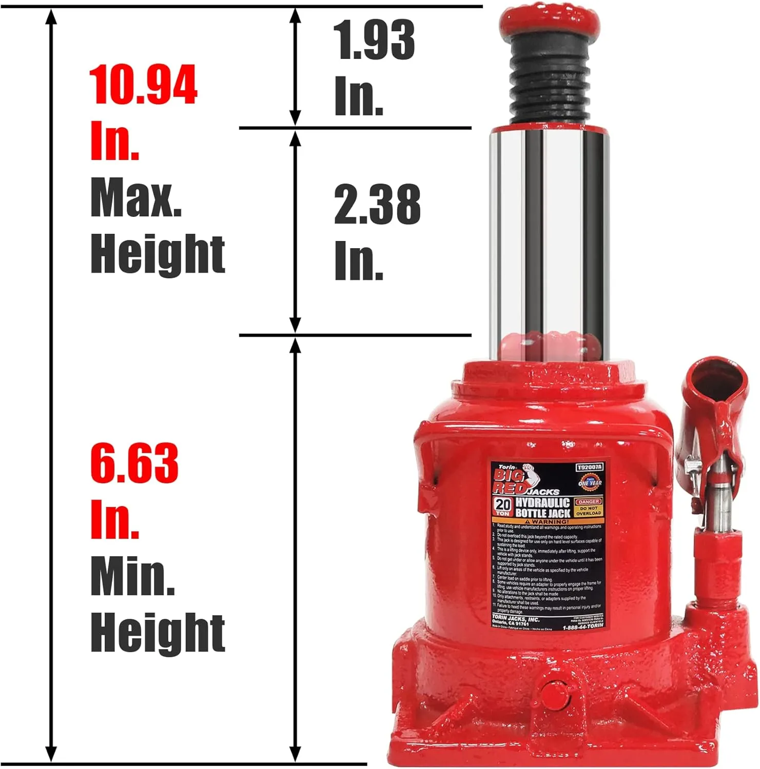 BIG RED T92007A Torin Hydraulic Stubby Low Profile Welded Bottle Jack, 20 Ton (40,000 lb) Capacity, Red