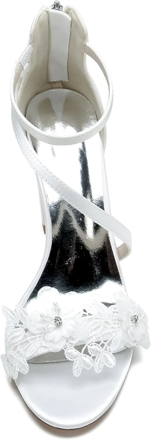 Block Heel Wedding Sandals Open Toe Ankle Buckle Strap Satin Appliques Wedding Party Dress Shoes Bride Heeled Sandal Women 8.5Cm