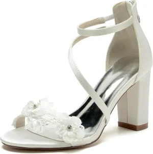 Block Heel Wedding Sandals Open Toe Ankle Buckle Strap Satin Appliques Wedding Party Dress Shoes Bride Heeled Sandal Women 8.5Cm