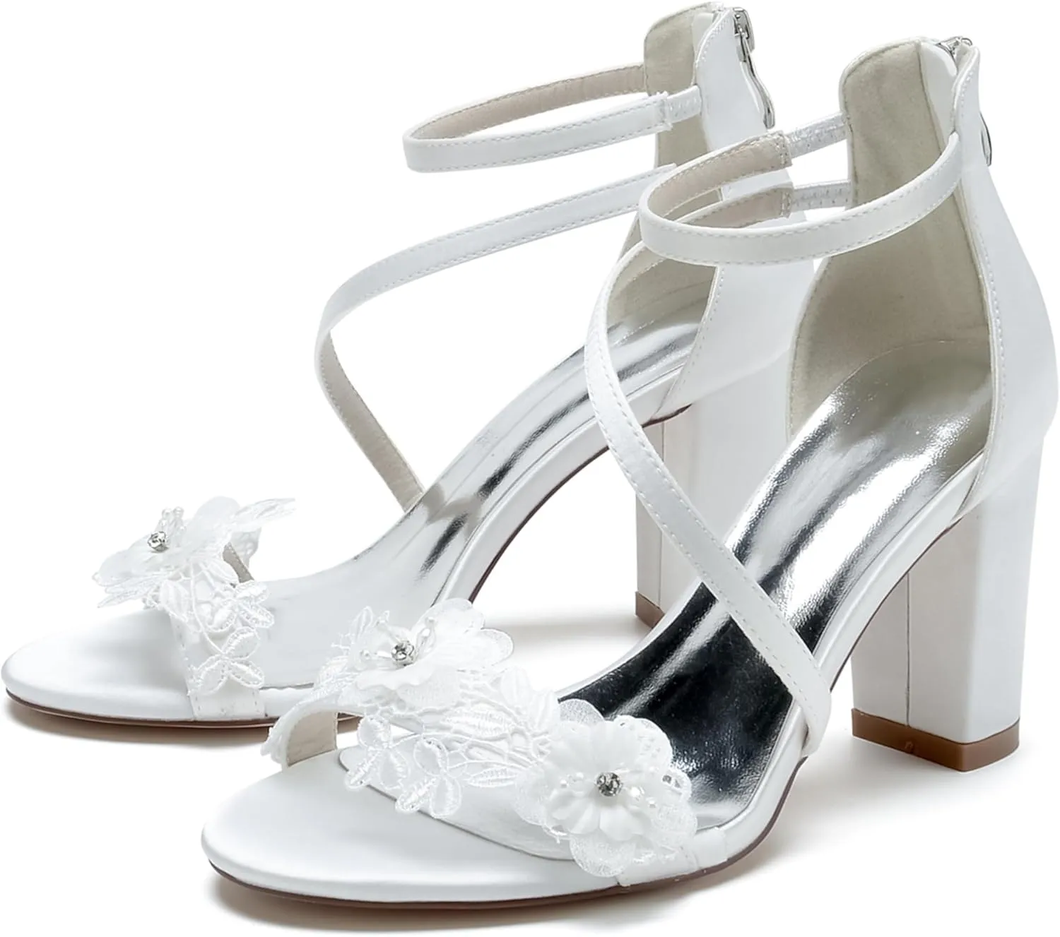 Block Heel Wedding Sandals Open Toe Ankle Buckle Strap Satin Appliques Wedding Party Dress Shoes Bride Heeled Sandal Women 8.5Cm