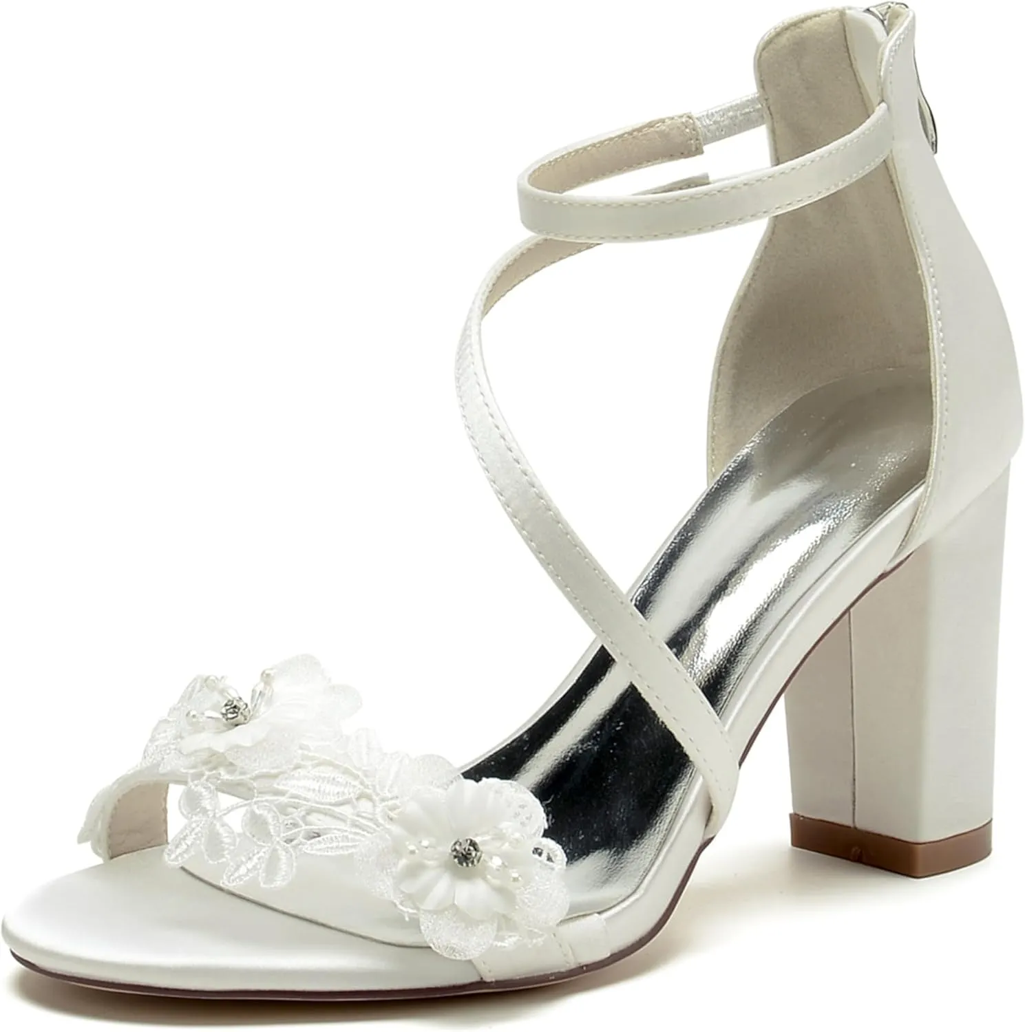 Block Heel Wedding Sandals Open Toe Ankle Buckle Strap Satin Appliques Wedding Party Dress Shoes Bride Heeled Sandal Women 8.5Cm
