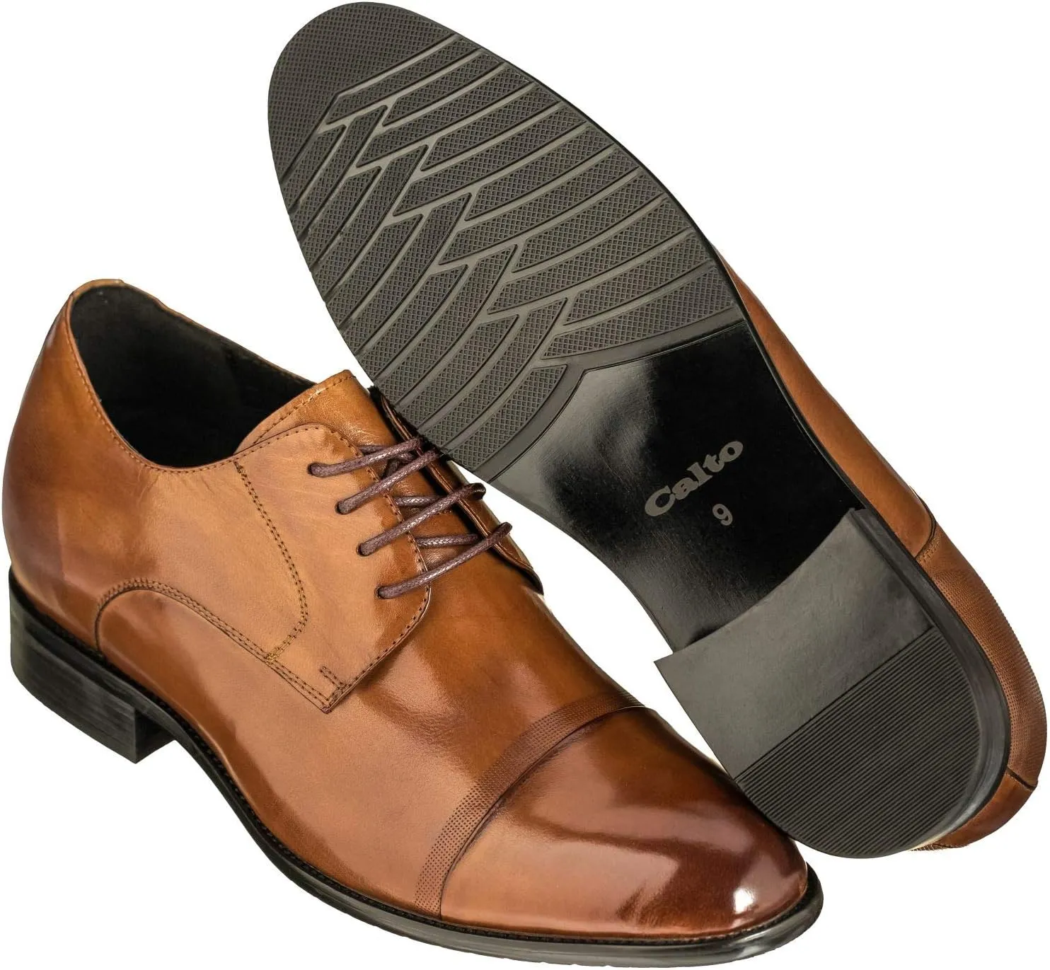 CALTO Men's Invisible Height Increasing Elevator Shoes - Antique Brown Premium Leather Lace-up Formal Oxfords - 2.8 Inches Taller - Y1002 - Size 9 D(M) US