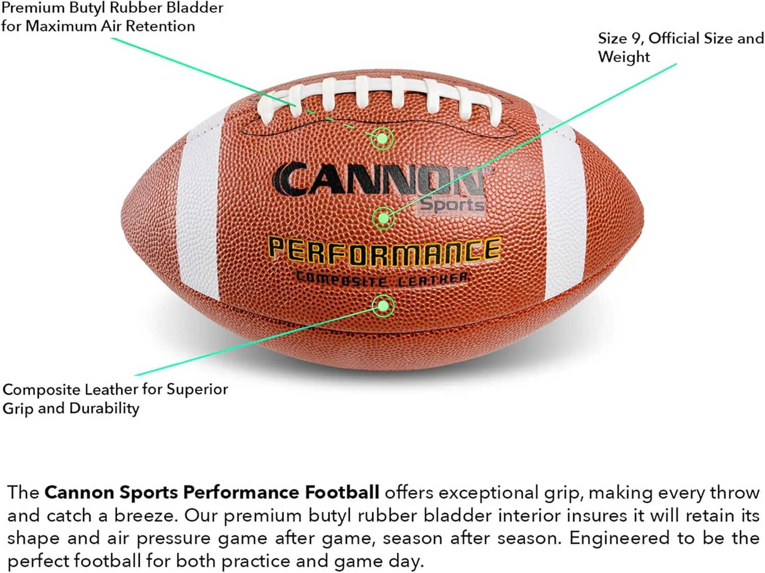 Cannon Sports Official Size Football - Composite Leather Football with Extra Grip & Durable Construction for All-Weather Play – Regulation Football with Pump