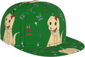 Cartoon Dog on Grass Outdoor Sports Baseball Cap, Daily Sports Adjustable Fashionable Flat Brim hat, Unisex Four-Season Outdoor Sports Cap, Black