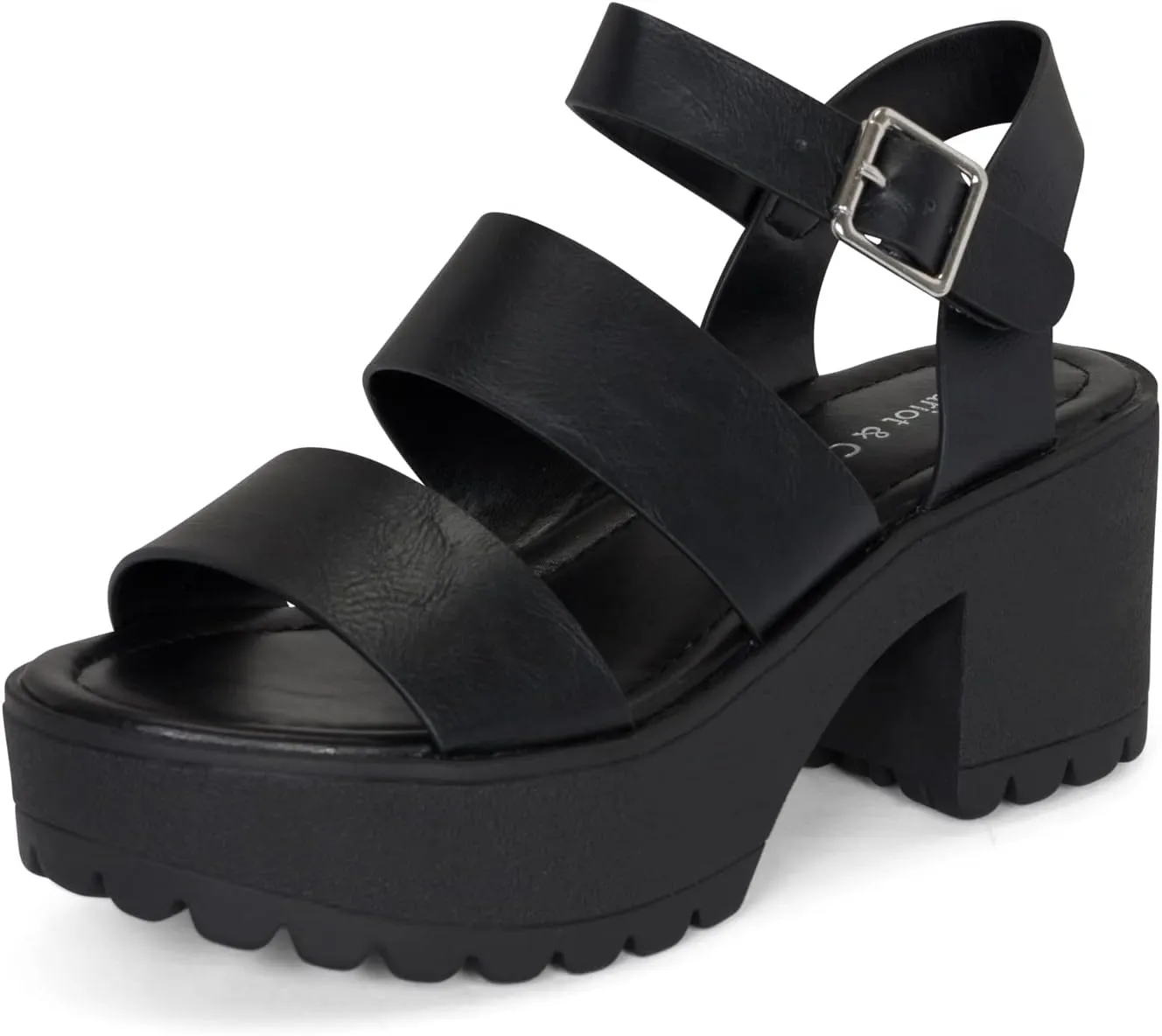 Chariot & Co- Credit- Women's Open Toe Double Band Ankle Buckle Block Heel Platform Lug Sole Sandal