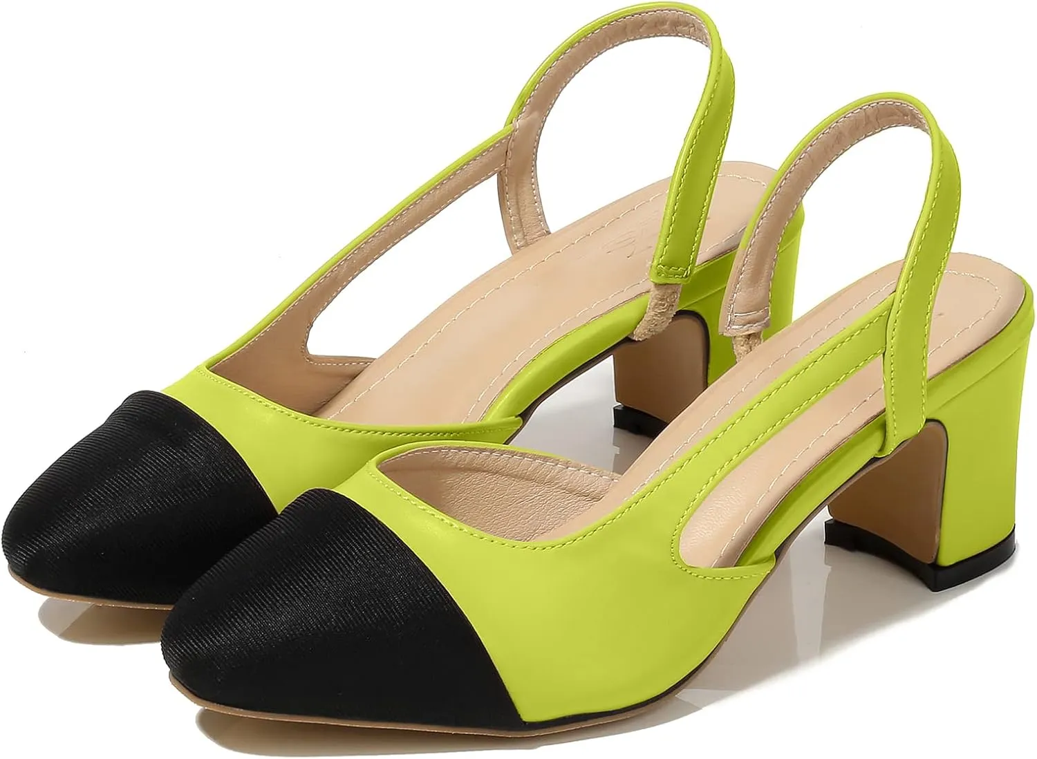 CKSNDLF Women Slingback Pumps Chunky High Heels Splicing Round Toe Comfortable Casual Wedding Shoes for Women Dress Shoes