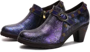 CrazycatZ Leather Pumps,Womens Colorful Vintage Block Heel Color Floral Oxford Shoes