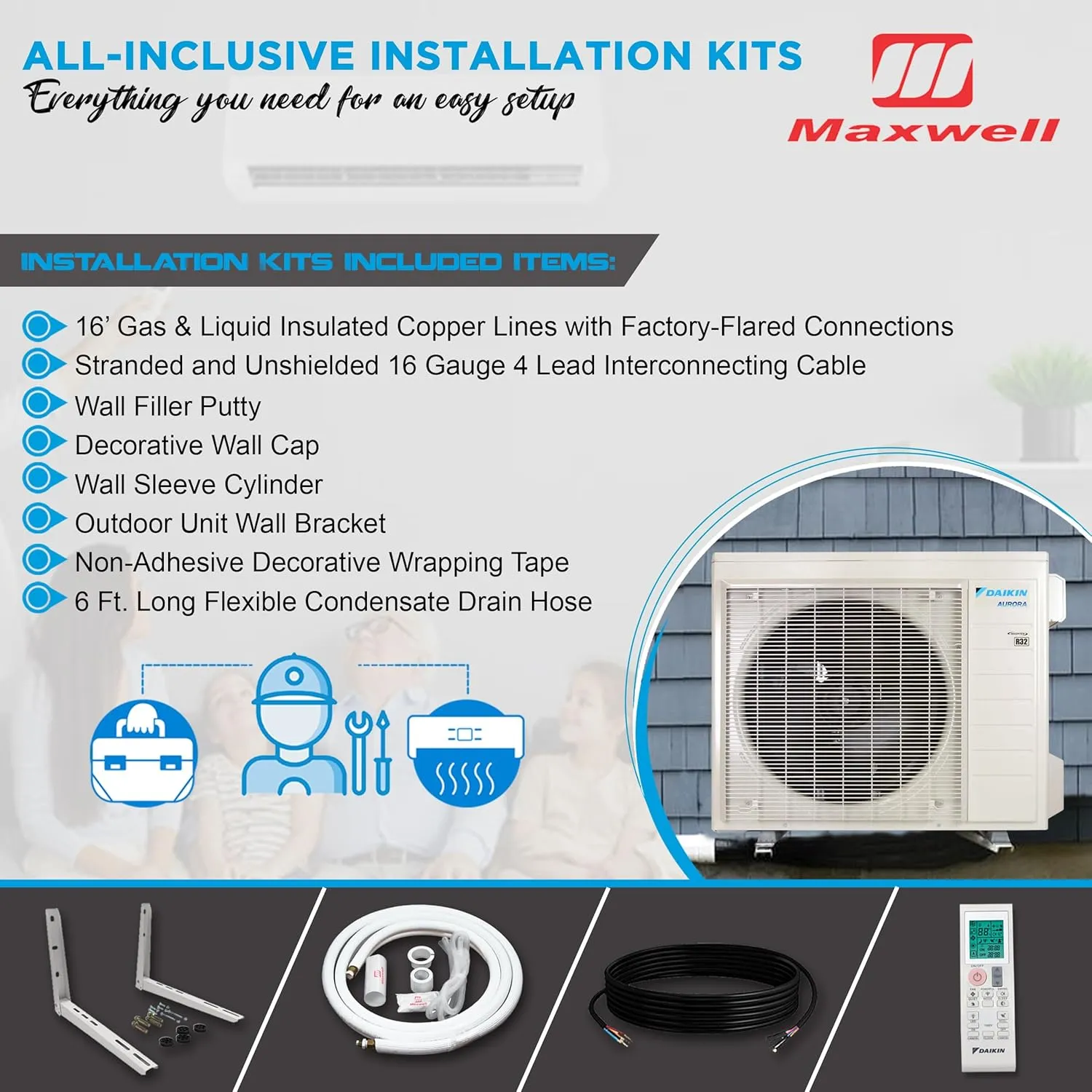 Daikin 24,000 BTU 21 SEER2 Aurora Low Ambient Ductless Mini Split Air Conditioner Heat Pump with Maxwell 15 ft. Installation Kit and Bracket - Wi-Fi Enabled R32