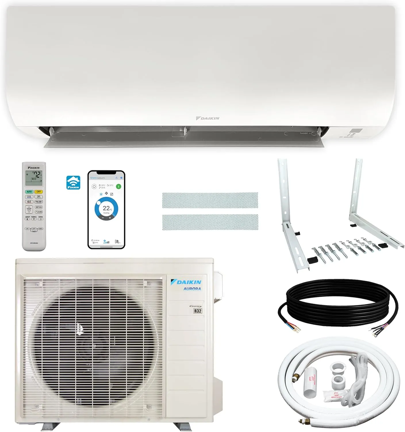 Daikin 24,000 BTU 21 SEER2 Aurora Low Ambient Ductless Mini Split Air Conditioner Heat Pump with Maxwell 15 ft. Installation Kit and Bracket - Wi-Fi Enabled R32
