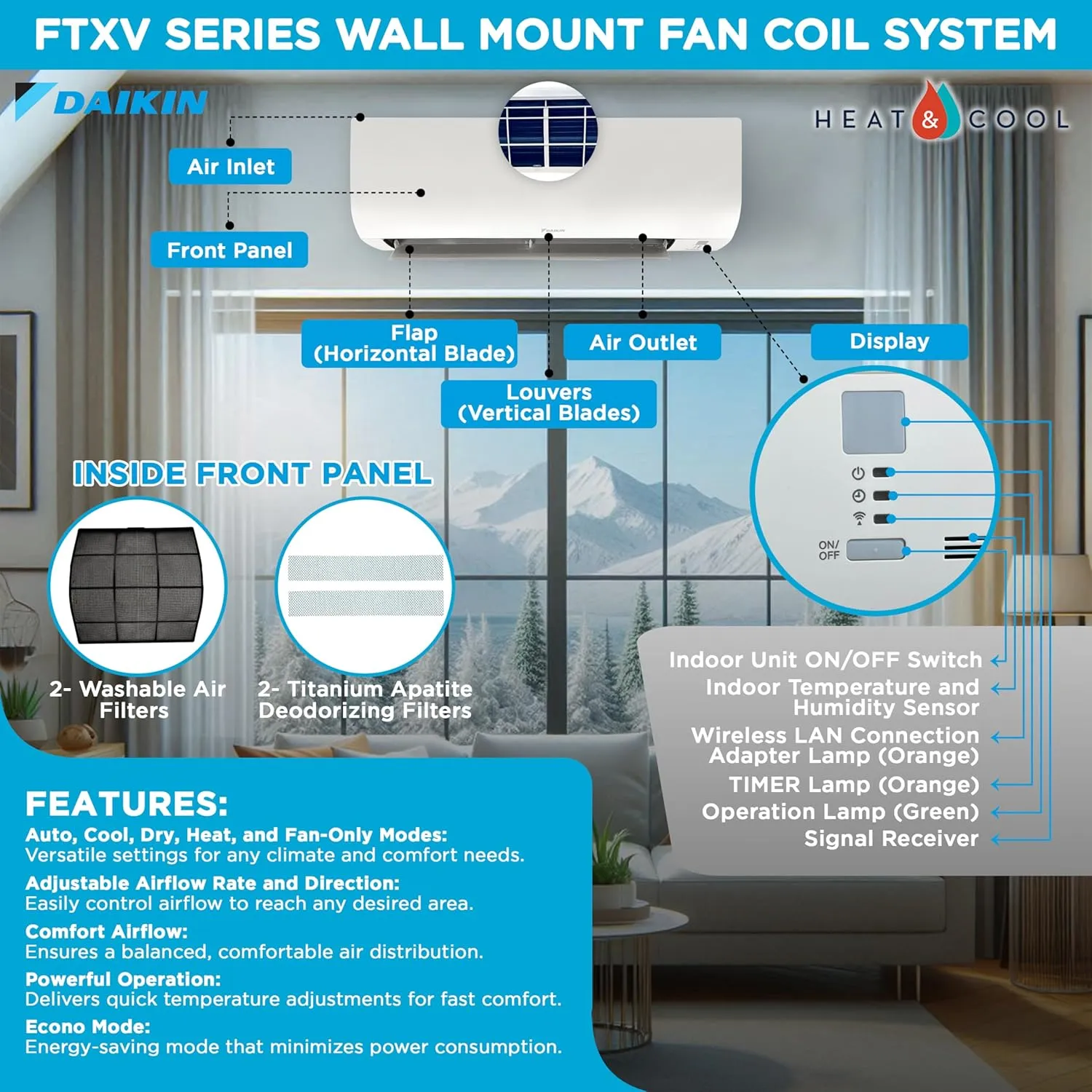 Daikin 24,000 BTU 21 SEER2 Aurora Low Ambient Ductless Mini Split Air Conditioner Heat Pump with Maxwell 15 ft. Installation Kit and Bracket - Wi-Fi Enabled R32
