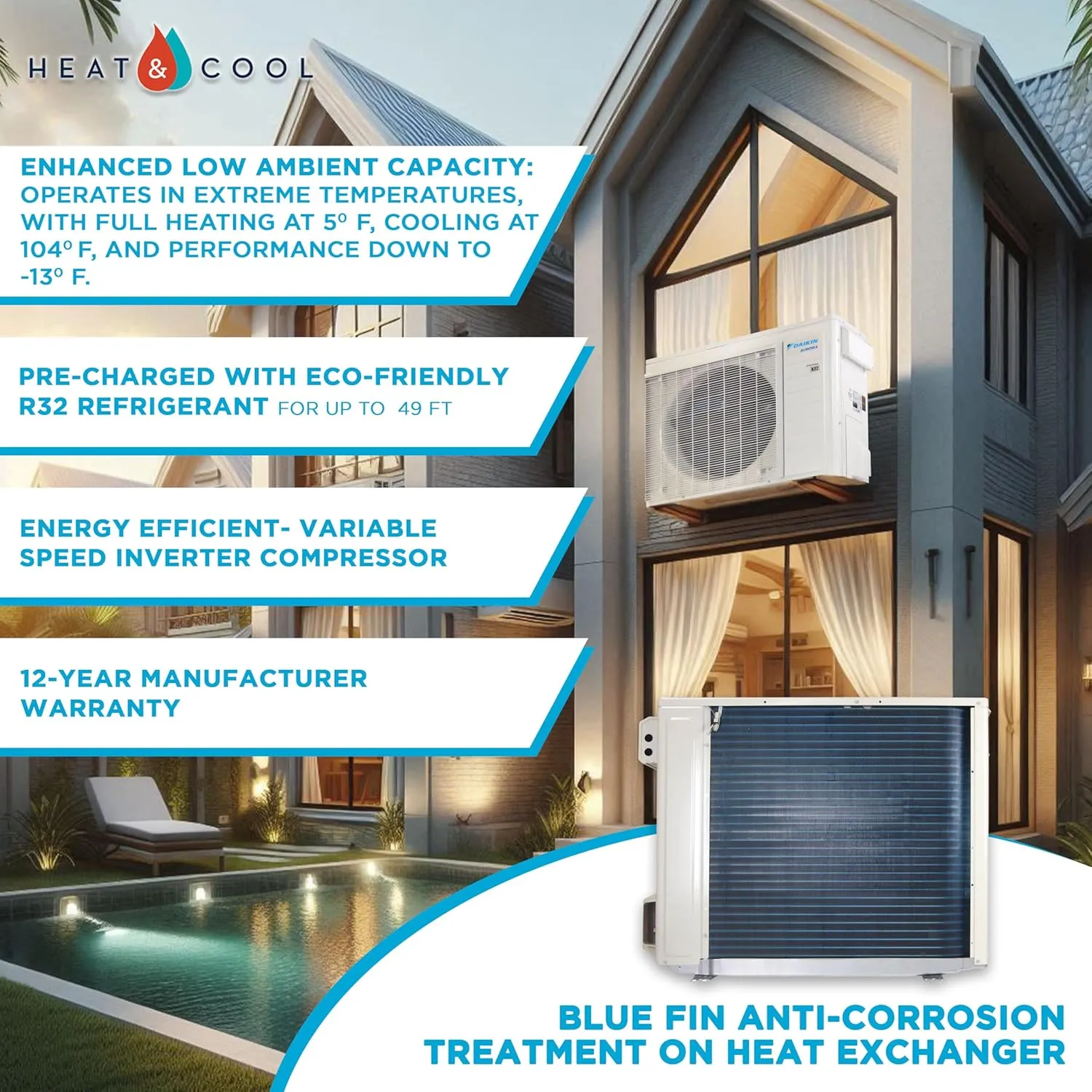 Daikin 24,000 BTU 21 SEER2 Aurora Low Ambient Ductless Mini Split Air Conditioner Heat Pump with Maxwell 15 ft. Installation Kit and Bracket - Wi-Fi Enabled R32
