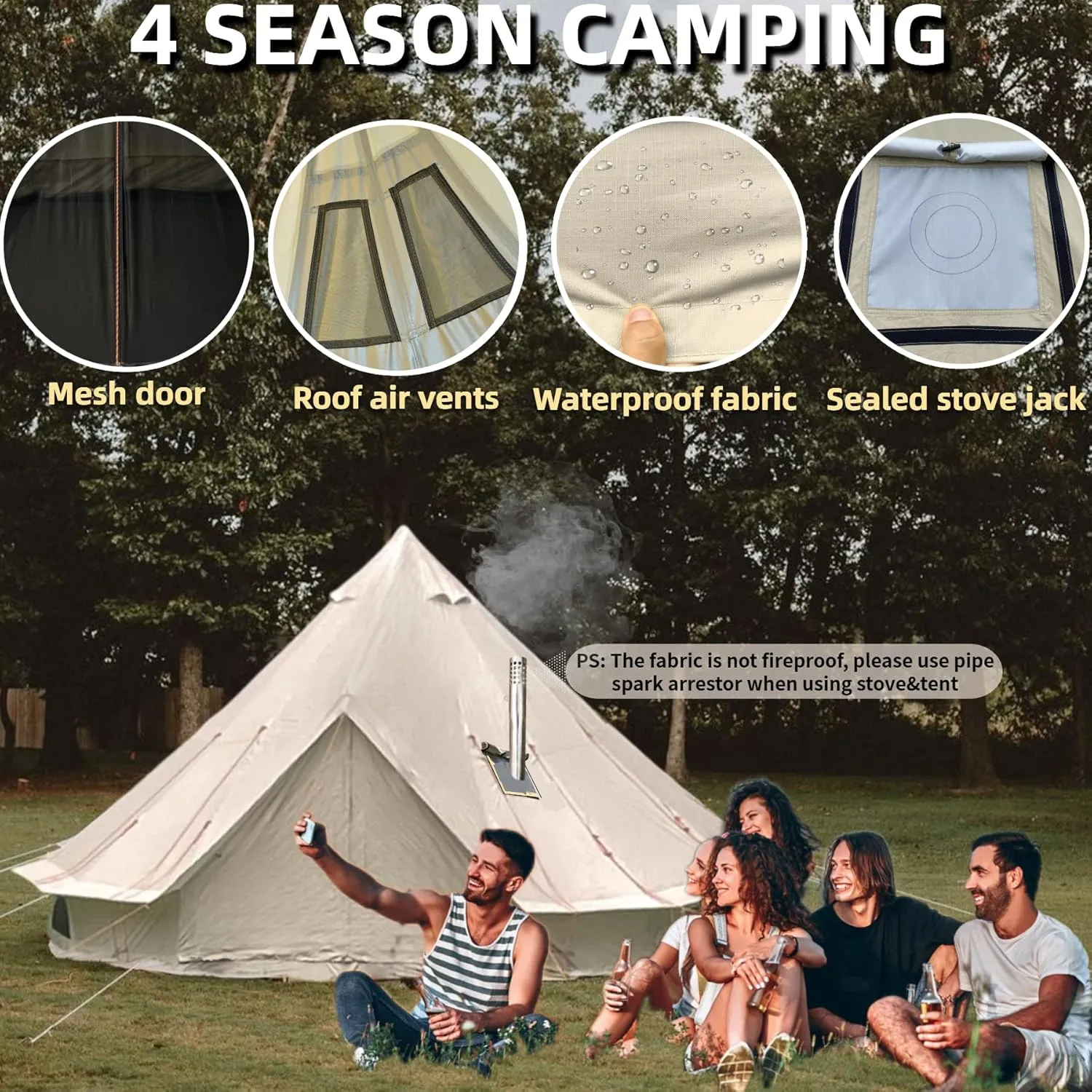 DANCHEL OUTDOOR B2 Waterproof Glamping Yurts for All Year Living with Stove Jack for 4/6 Person, Portable 4 Season Bell Tent for Camping Hot Tent 300D Oxford Nylon Glamping Accessories,13ft/16.4ft