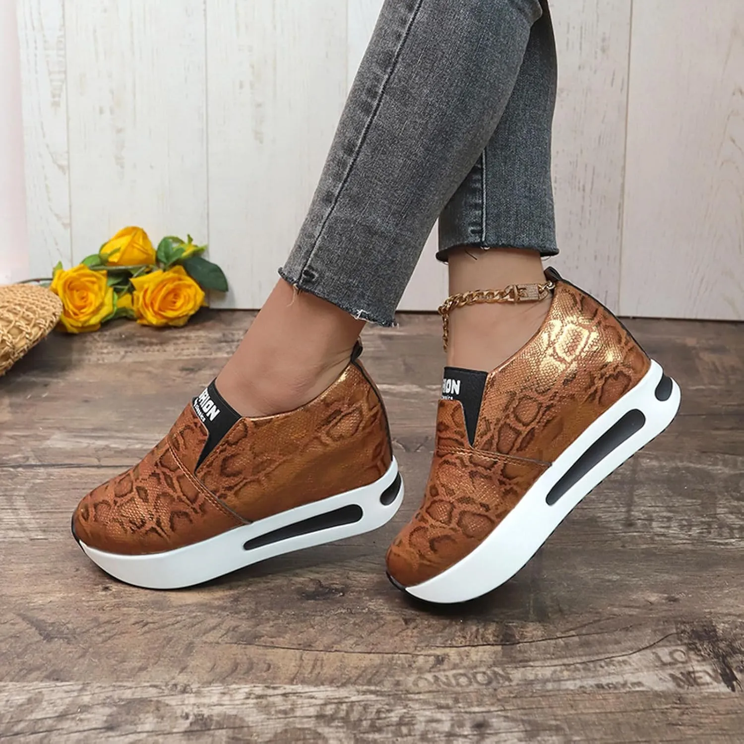 DIYCAM Snakeskin Platform Sneakers for Women Round Toe Slip On Classic Wedge Heel Loafers Sneaker Comfortable Work Casual Shoes 2024