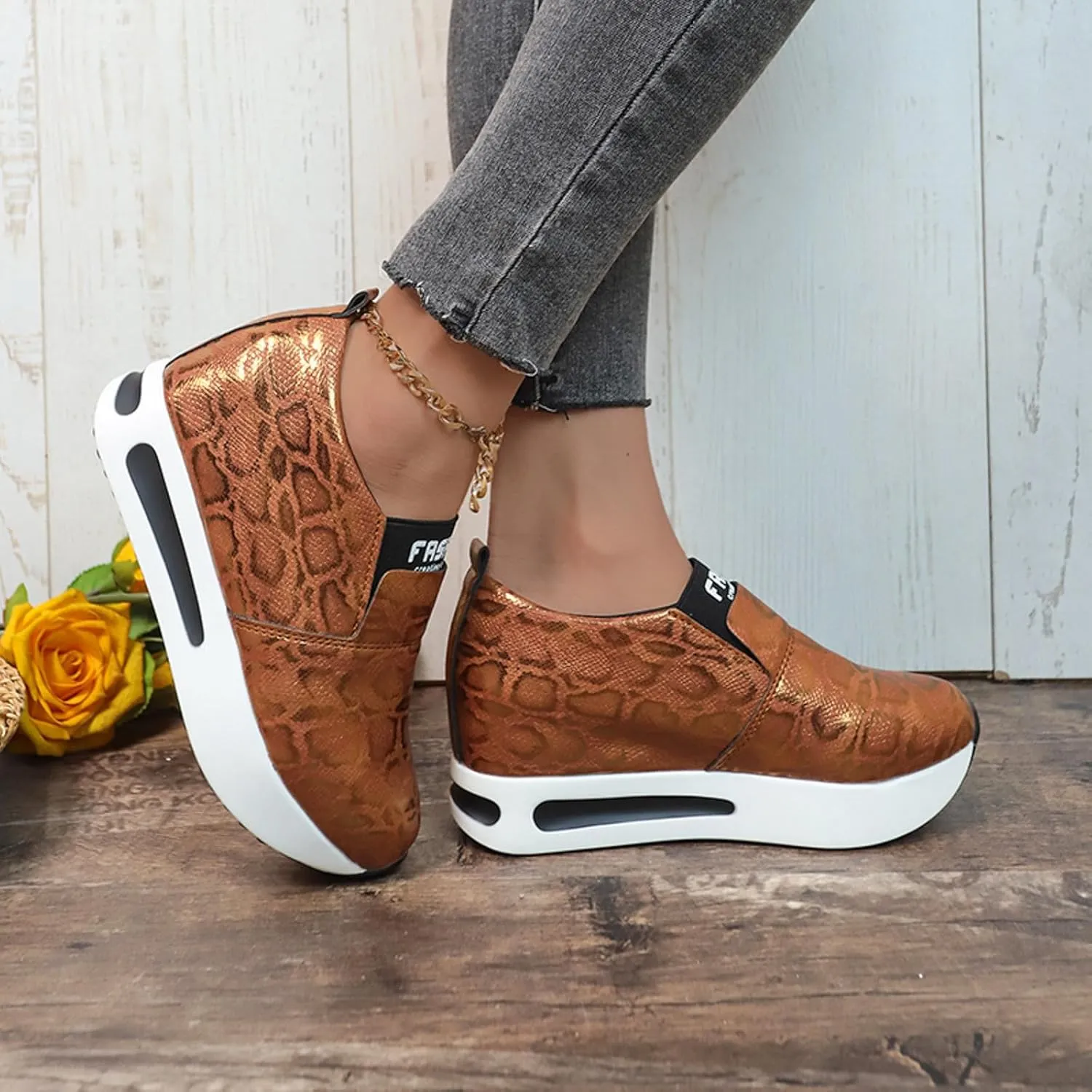 DIYCAM Snakeskin Platform Sneakers for Women Round Toe Slip On Classic Wedge Heel Loafers Sneaker Comfortable Work Casual Shoes 2024