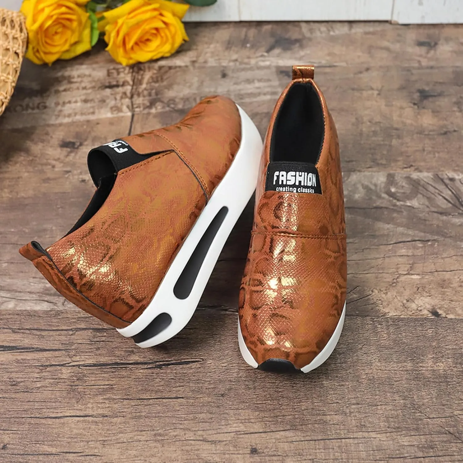 DIYCAM Snakeskin Platform Sneakers for Women Round Toe Slip On Classic Wedge Heel Loafers Sneaker Comfortable Work Casual Shoes 2024