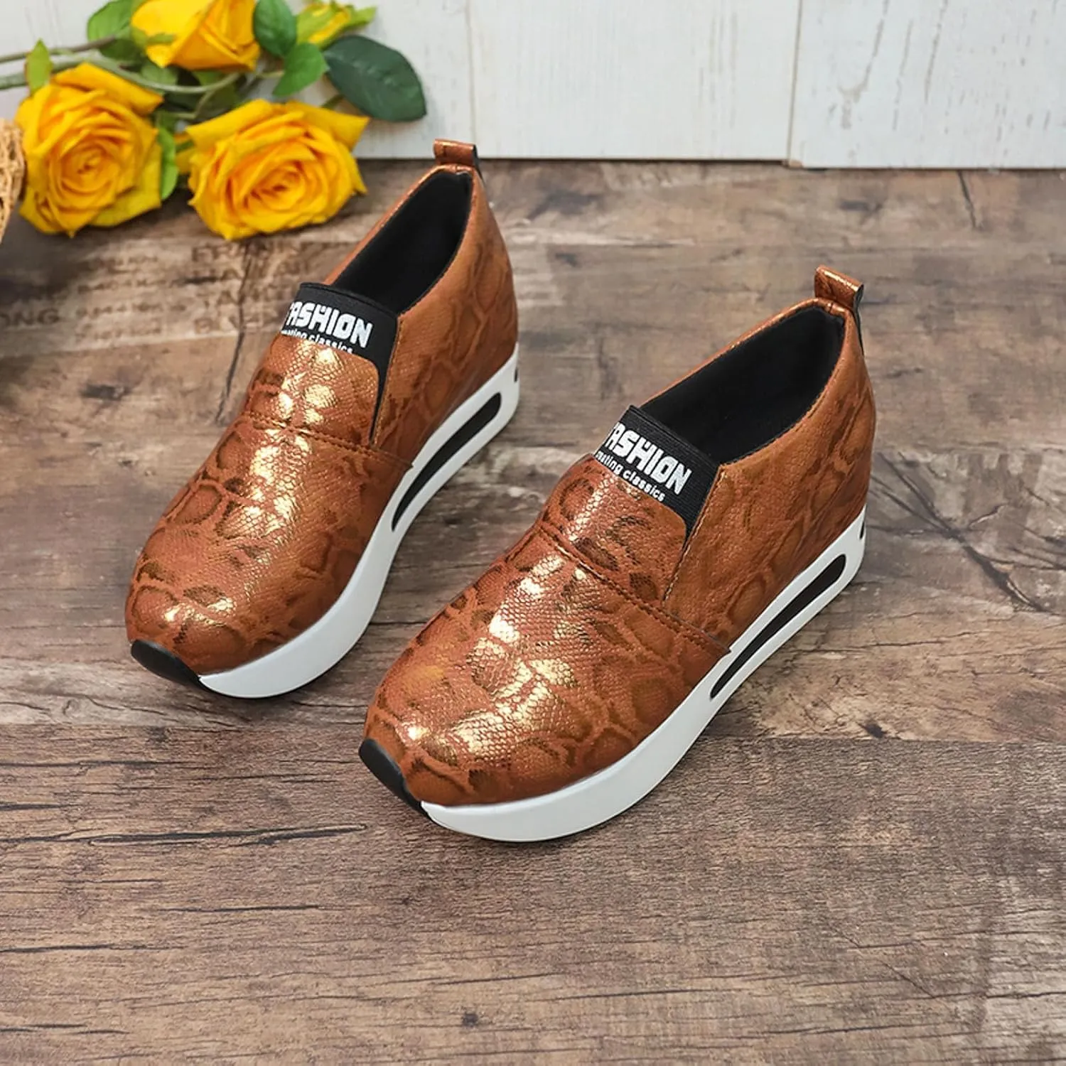 DIYCAM Snakeskin Platform Sneakers for Women Round Toe Slip On Classic Wedge Heel Loafers Sneaker Comfortable Work Casual Shoes 2024