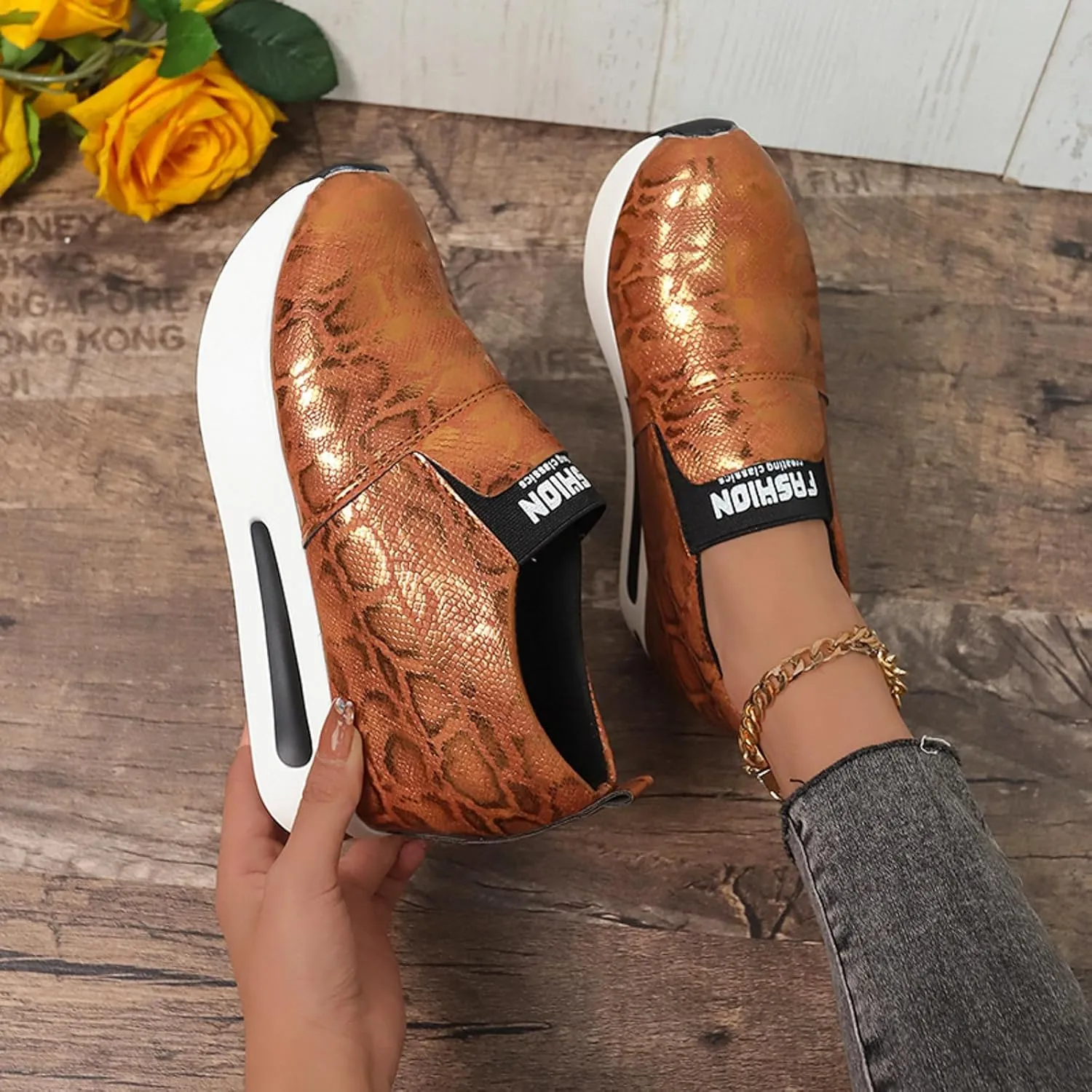 DIYCAM Snakeskin Platform Sneakers for Women Round Toe Slip On Classic Wedge Heel Loafers Sneaker Comfortable Work Casual Shoes 2024