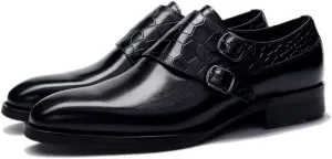 Dress Oxford Shoes for Men Slip On Double Monk Strap Crocodile Embossed Round Toe Cowhide Slip Resistant Anti-Slip Block Heel Working Suitable for Many Occasions