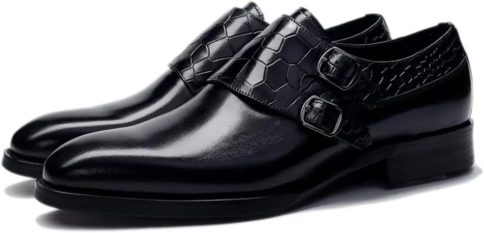 Dress Oxford Shoes for Men Slip On Double Monk Strap Crocodile Embossed Round Toe Cowhide Slip Resistant Anti-Slip Block Heel Working Suitable for Many Occasions
