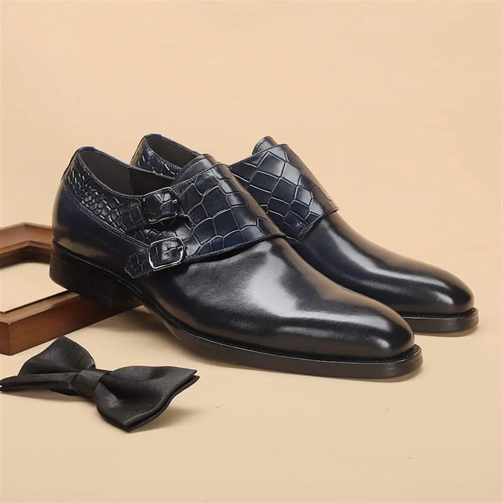 Dress Oxford Shoes for Men Slip On Double Monk Strap Crocodile Embossed Round Toe Cowhide Slip Resistant Anti-Slip Block Heel Working Suitable for Many Occasions