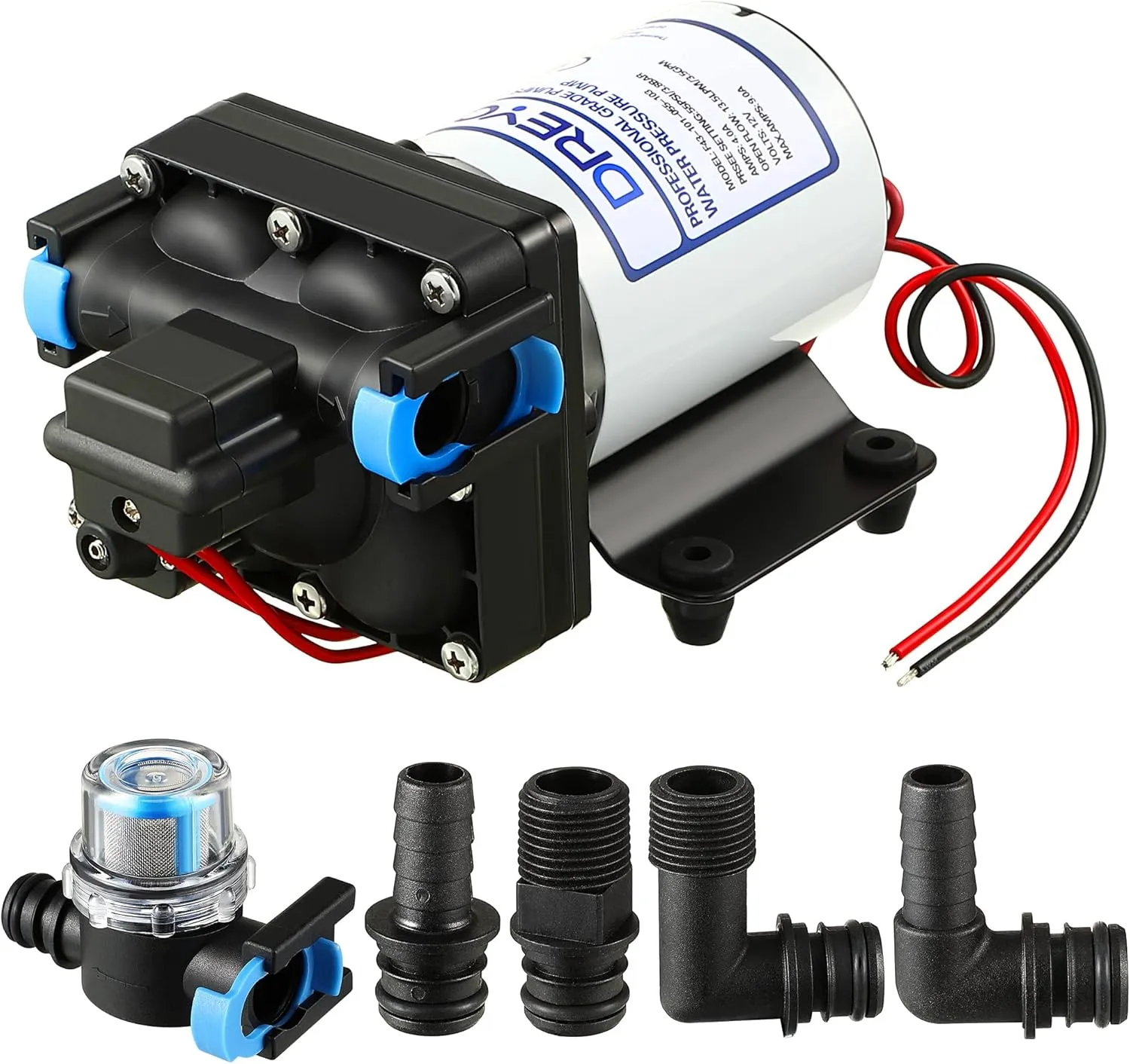 Dreyoo 12V RV Water Pump, 3.5GPM 55PSI Self Priming Automatic Diaphragm Water Pump with Adjustable Water Pressure Switch for RV Marine Yacht Agriculture(12V 55PSI 3.5GPM)
