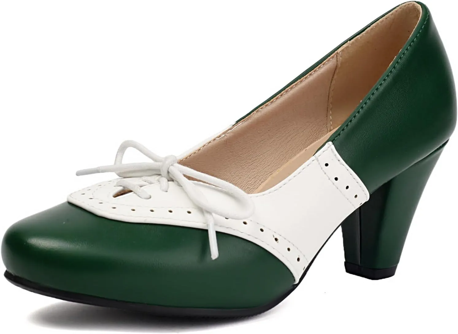 Elerhythm Women's Mary Jane 1920s Pump Heels Two Tones Classic and Retro Lace Up Wingtip 1950s Vintage Round Closed Toe 1940s Shoes