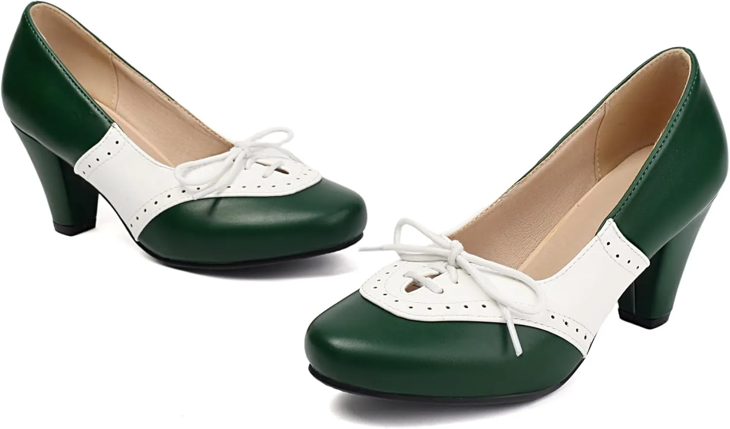 Elerhythm Women's Mary Jane 1920s Pump Heels Two Tones Classic and Retro Lace Up Wingtip 1950s Vintage Round Closed Toe 1940s Shoes