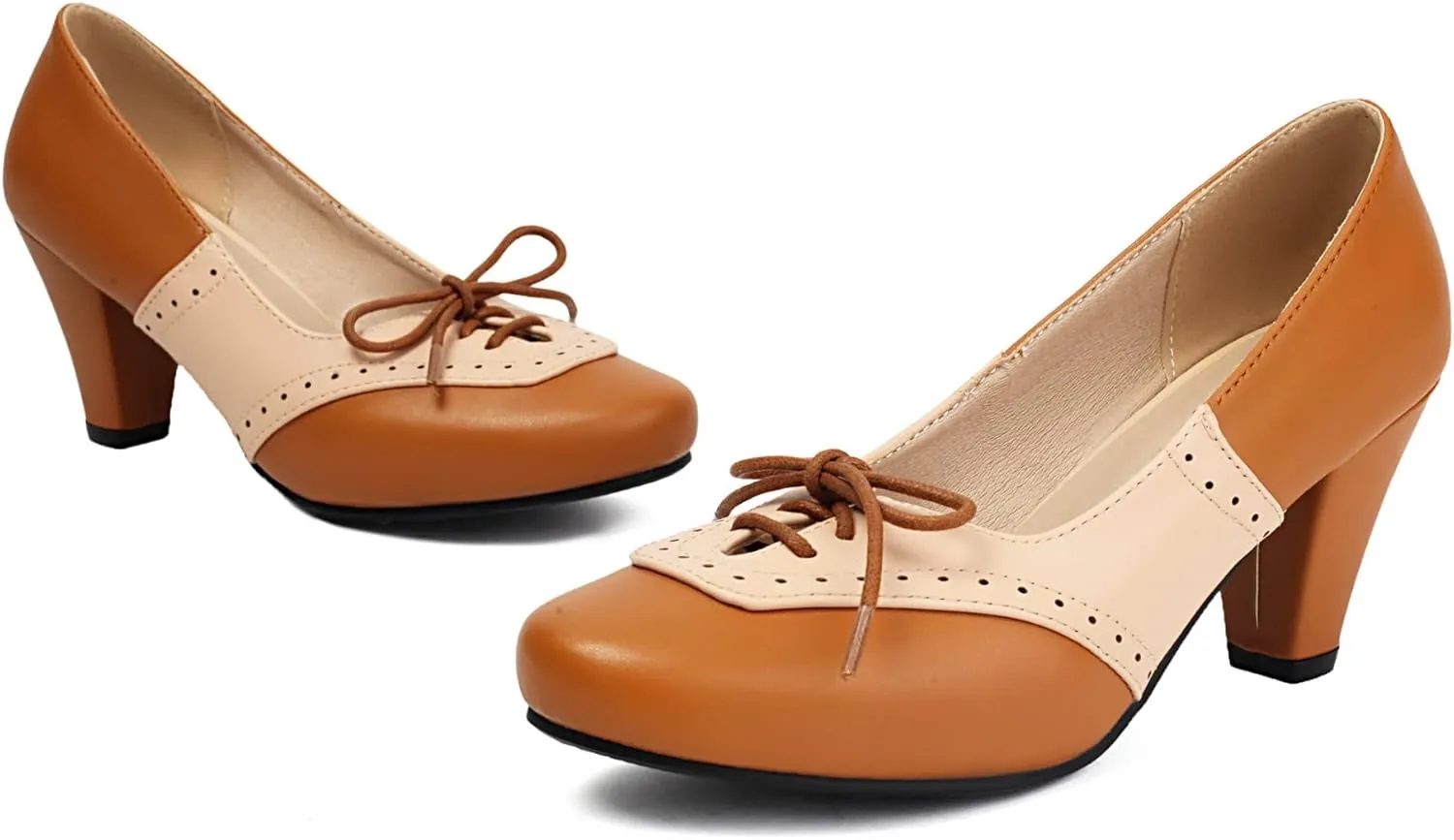 Elerhythm Women's Mary Jane 1920s Pump Heels Two Tones Classic and Retro Lace Up Wingtip 1950s Vintage Round Closed Toe 1940s Shoes
